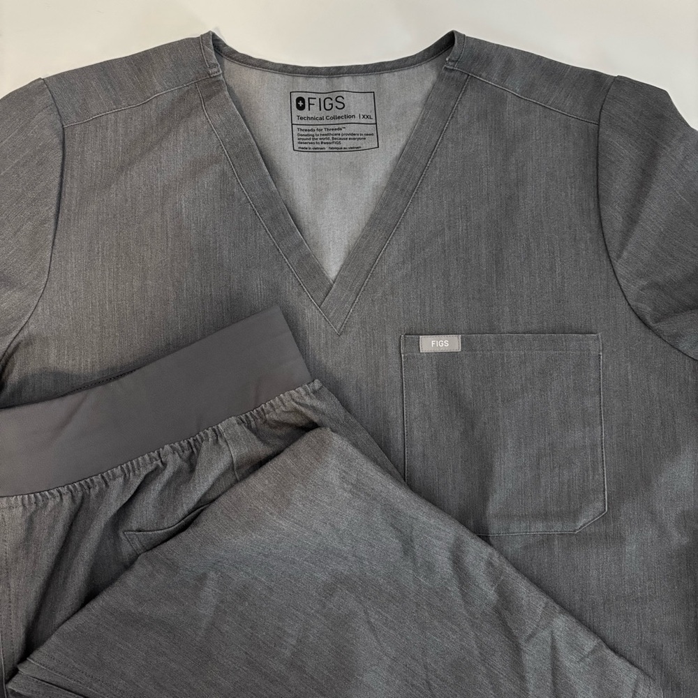 FIGS Heather Gray Scrub Set with Teal Drawstring Accent XXL Top & 3XL/P Pants